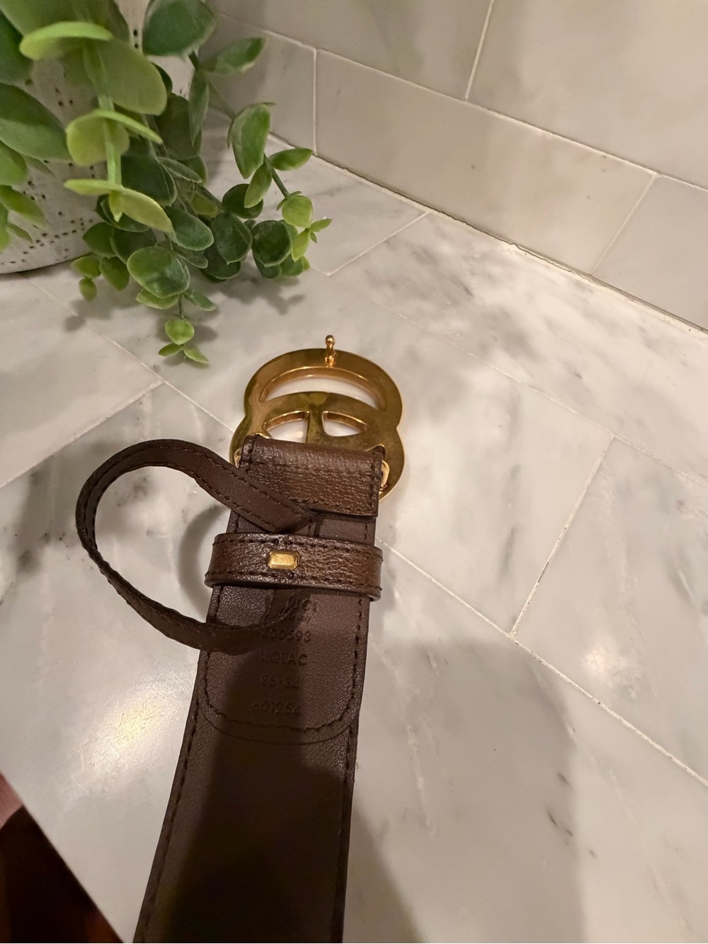 Gucci GG Canvas Belt Gold Marmont Buckle Brown Beige Size 85/34 luxury chic - Picture 2 of 5